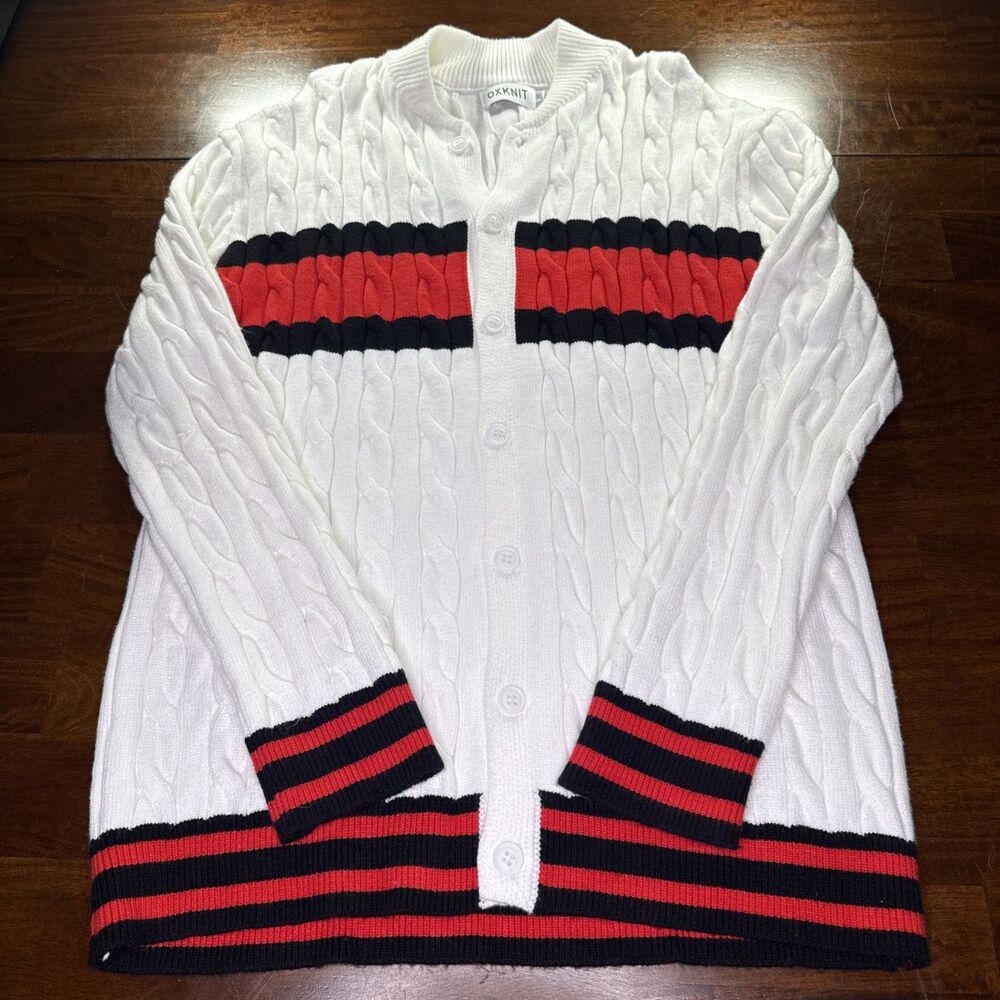 OXKNIT Mens XL White Cable Knit Button Collared Cardigan Sweater Red Black Strip